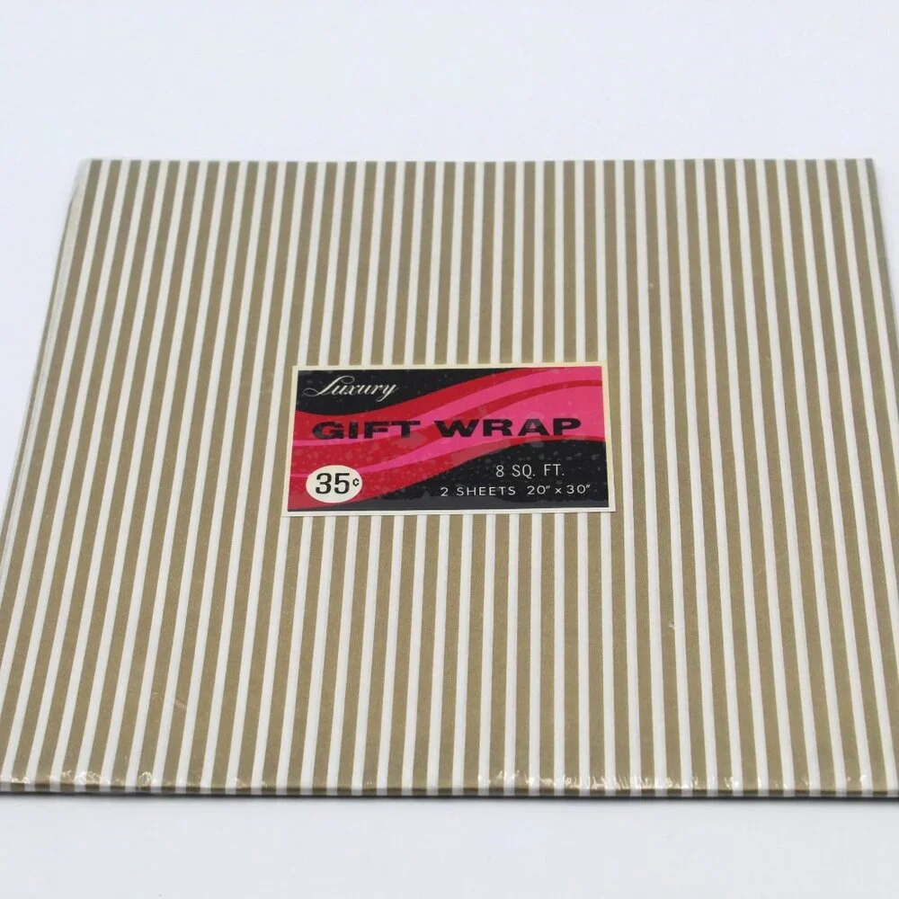 Vintage Gold & White Striped Luxury Gift Wrapping Paper Two Sheets 20” X 30” NOS